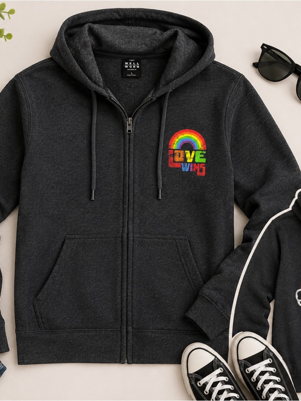 Well Worn Los Angeles Love Wins Rainbow Unicorn Zip Hoodie Charcoal Gray